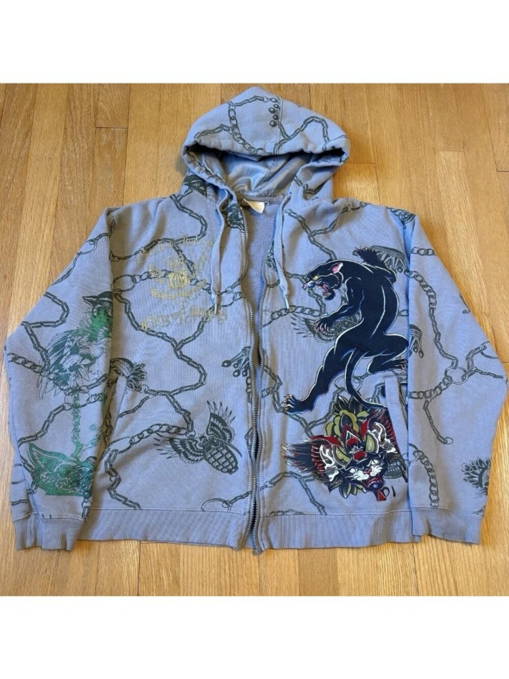 Christian Audigier Graphic Panther AOP Full Zip Hoodie Gray Black Size L